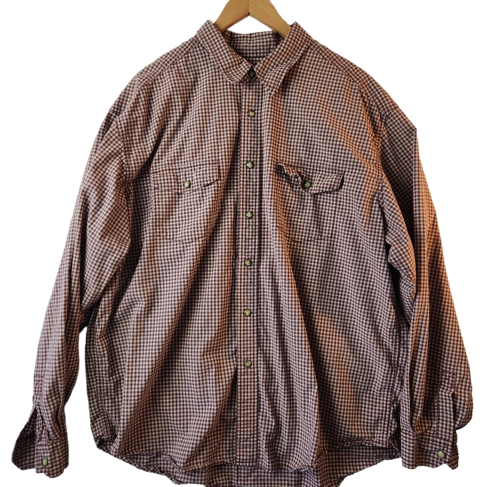 Eddie Bauer Mens Pearl Snap 100% Cotton Burgundy Plaid Long Sleeve XXL